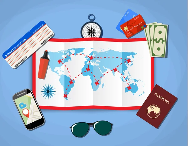 Carte papier du monde. passeport, billet d'avion, smartphone avec application de navigation, argent. illustration vectorielle en dessin plat sur fond bleu — Image vectorielle