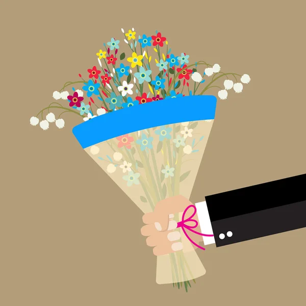 Γελοιογραφία επιχειρηματίας χέρι που κρατά το μπουκέτο λουλούδια — Διανυσματικό Αρχείο
