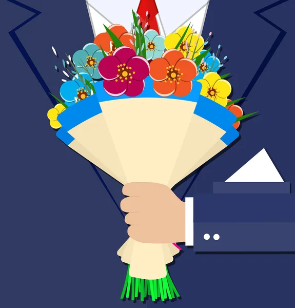 Cartoon zakenman hand met boeket bloemen — Stockvector