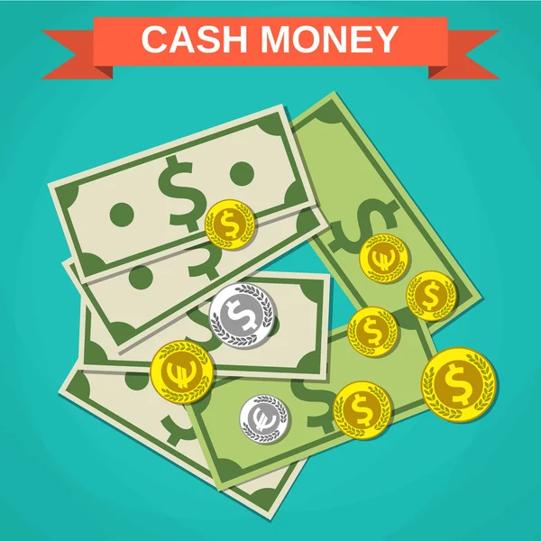 Cartoongeld Bargeld, grüne Dollars und Münzen — Stockvektor