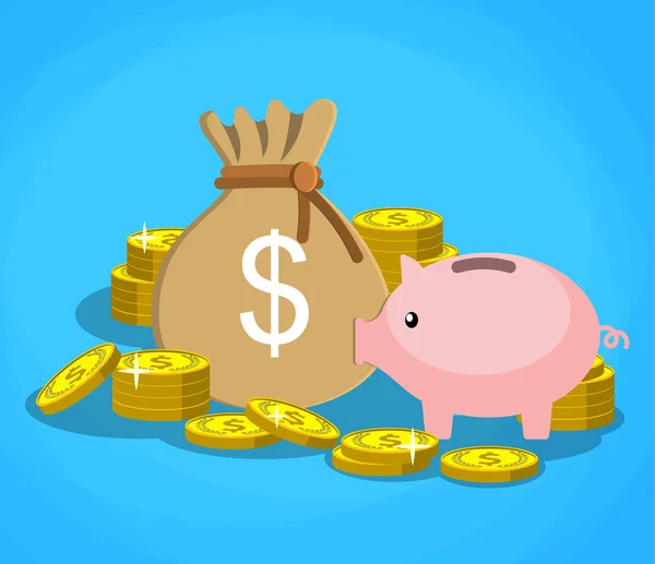Sparschwein mit Goldmünzen und Geldbeutel — Stockvektor