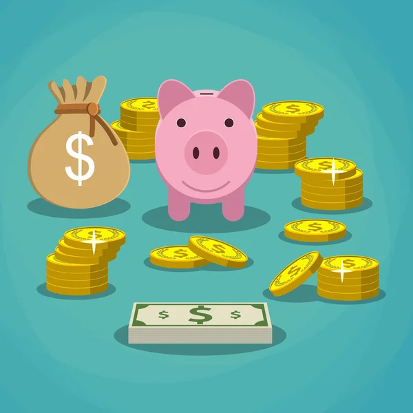 Piggy bank met gouden munten en zak geld — Stockvector