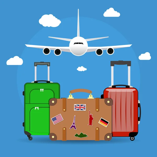 Tres Bolsa de viaje con nubes y plano — Vector de stock