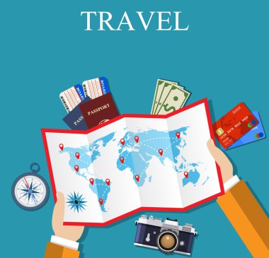 Dünya Haritası katlanmış kağıt karikatür ellerini tutun