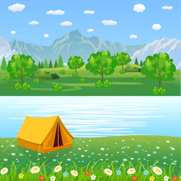 Tienda Camping Turismo Bosque Montaña Expedición — Vector de stock