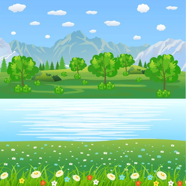 Summer landscape with meadows and mountains — Stock Vector