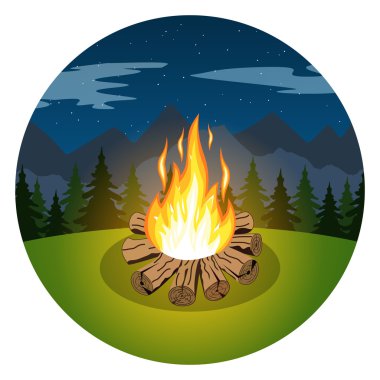 Çizgi film ateşin ortasına gece manzarası