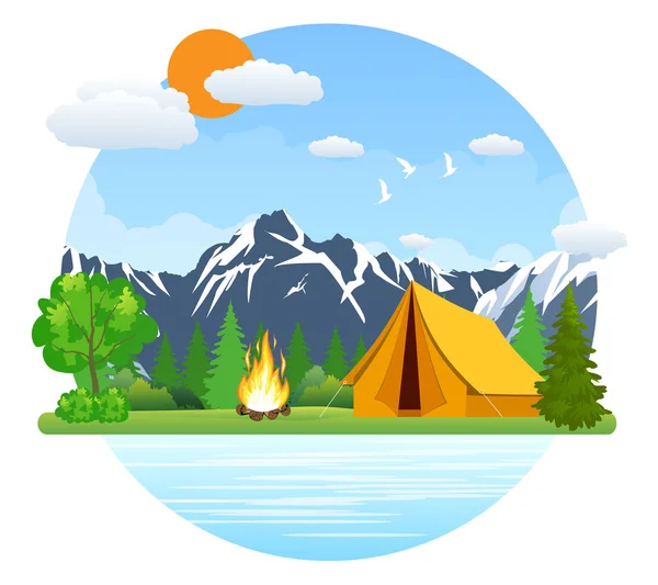 夏季景观帐篷和篝火 — 图库矢量图片