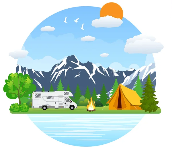 Forest camping landscape with rv traveler bus in flat design. — Stock Vector