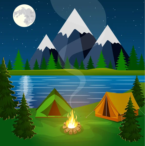 Affiche montrant le camping avec un feu de camp — Image vectorielle