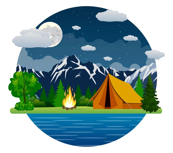 Summer landscape tent and bonfire — Stock Vector