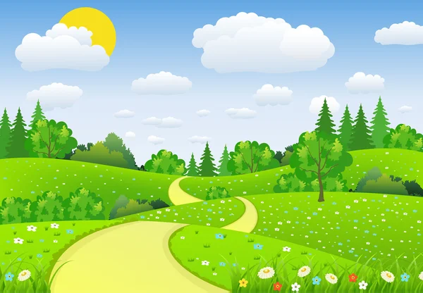 Paisaje verde con árboles nubes flores — Vector de stock