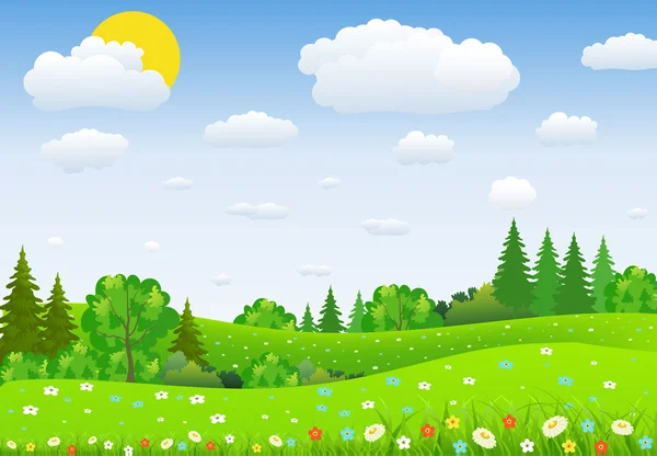 Yeşil manzara ağaçlar bulutlar çiçekli