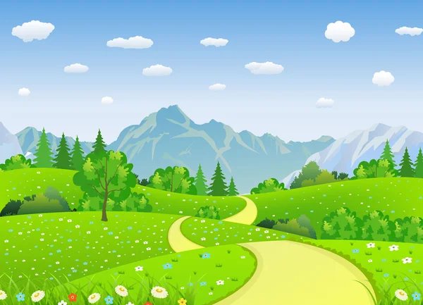 Paisaje de verano con prados y montañas . — Vector de stock