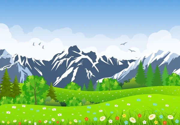 Summer landscape with meadows and mountains. — Stock Vector