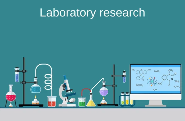 Laboratório trabalhador mesa computador processo de pesquisa química . —  Vetores de Stock