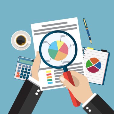 Çizgi film işadamı el Büyüteç analiz kağıt levha ile