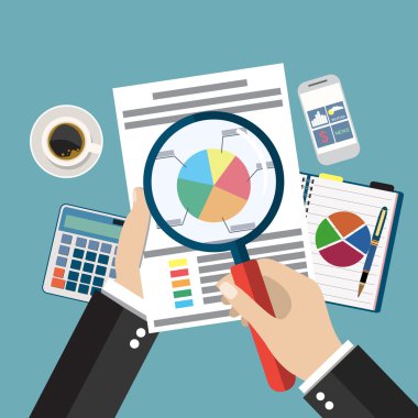 Çizgi film işadamı el Büyüteç analiz kağıt levha ile