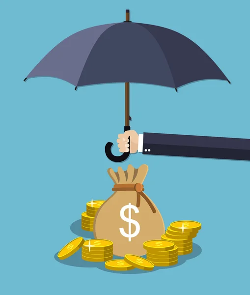 Hand hält Regenschirm unter Regen, um Geld zu schützen. — Stockvektor