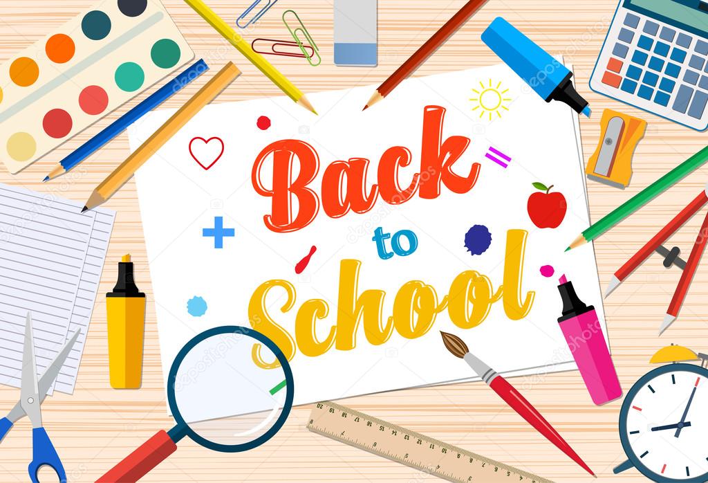 Bentornati A Scuola Template Con Forniture Per Ufficio Sul Desktop Vettoriali Stock Back To School Template Free