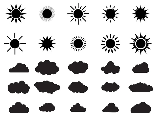 Big set of summer shining Sun and clouds — Stock Vector