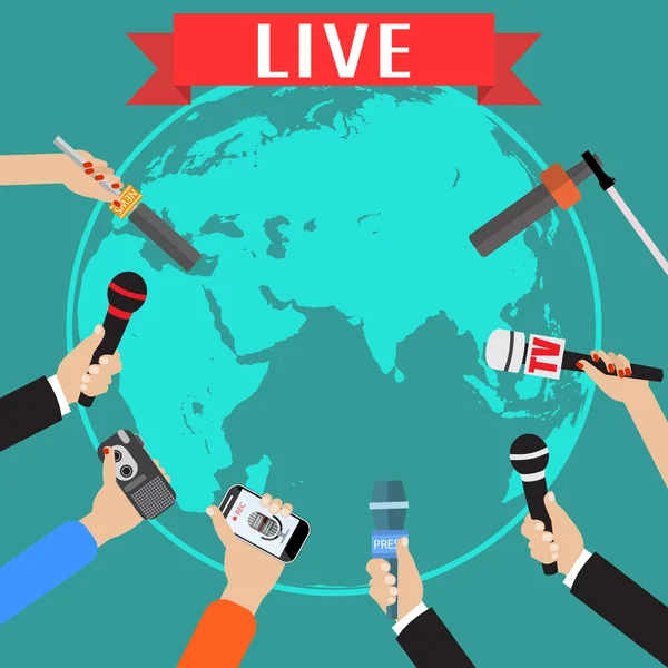 Weinig handen van journalisten met microfoons, — Stockvector