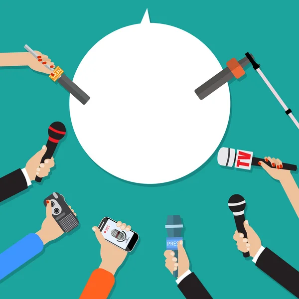 Few hands of journalists with microphones — Stock Vector