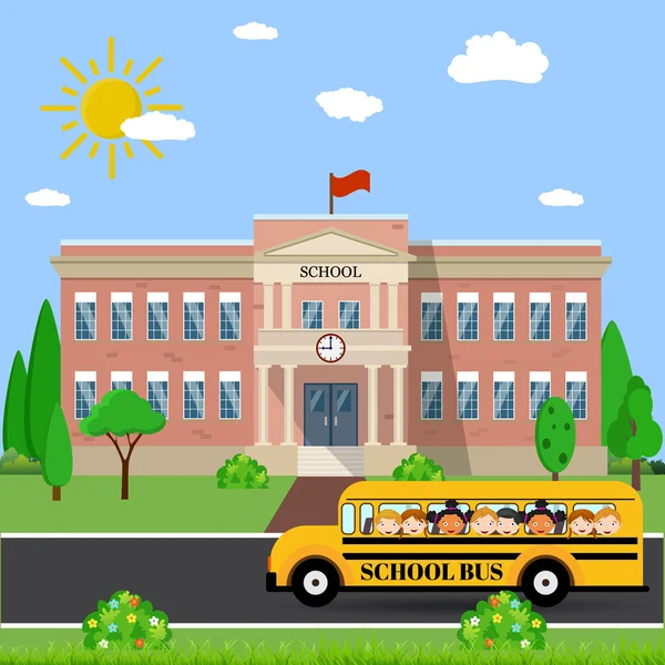 Gedung sekolah dan bus Grafik Vektor