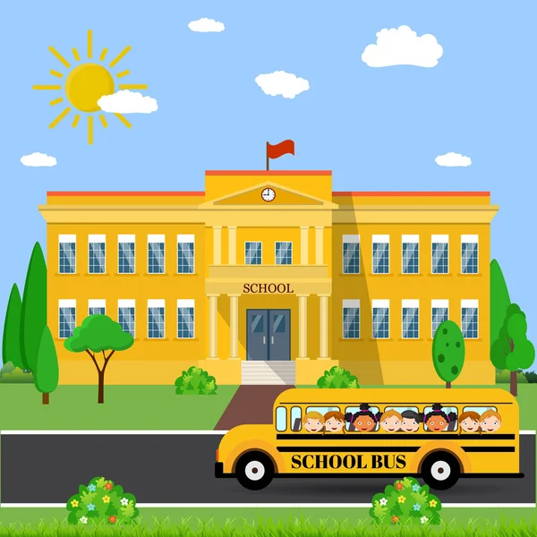 School building and bus — Stock Vector