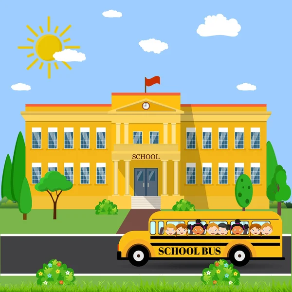 Gedung sekolah dan bus Stok Vektor