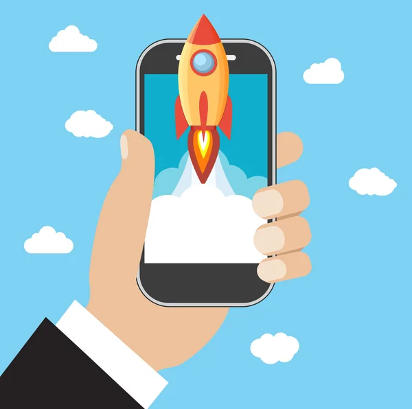Kézzel tart smartphone-val launch rocket. — Stock Vector