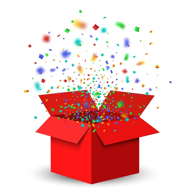 Nyissa meg a piros ajándék doboz és konfetti. — Stock Vector