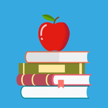 bir yığın kitap üzerinde kırmızı elma