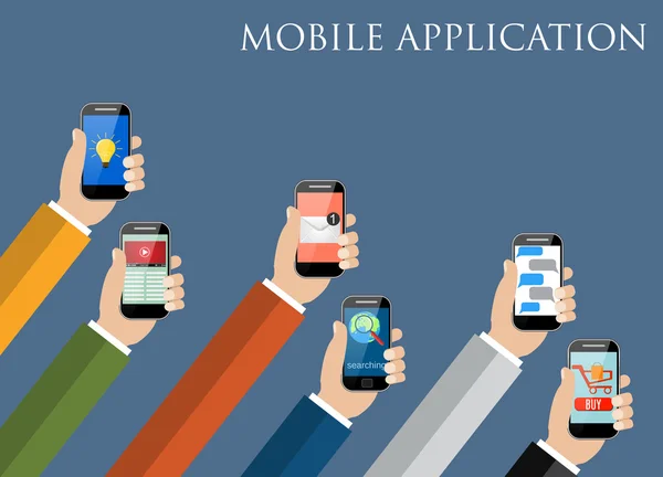 Concept d'application mobile. Mains tenant des téléphones . — Image vectorielle