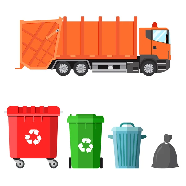 Çöp kamyonu ve dört değişik-in dumpsters — Stok Vektör
