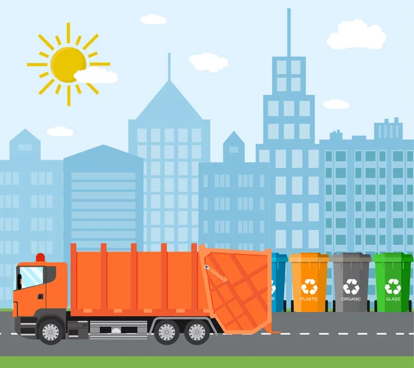 City waste recycling concept with garbage truck — Stock Vector