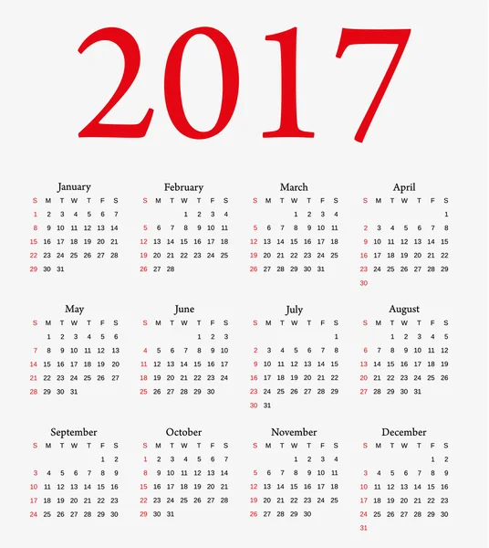 Calendário 2017. Semana começa a partir de domingo . —  Vetores de Stock