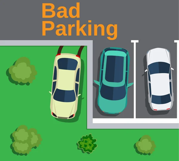 Slecht parkeren. Bovenaanzicht van een auto geparkeerd op het gazon. — Stockvector