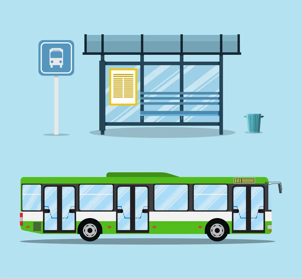 Parada de autobús con asientos y autobús urbano verde . — Vector de stock