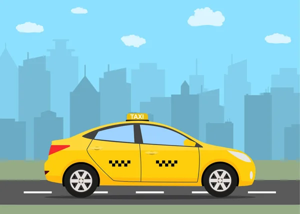 Voiture de taxi jaune devant la silhouette de la ville — Image vectorielle