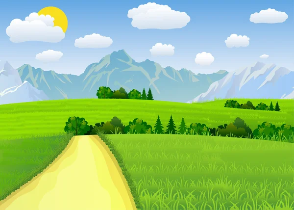 Paisaje de verano con prados y montañas . — Vector de stock