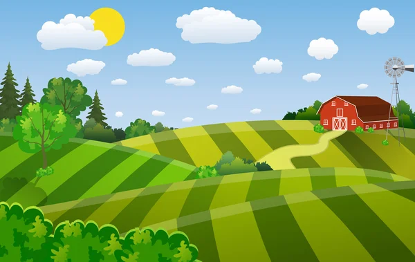 Cartoon boerderij groene veld zaaien, — Stockvector
