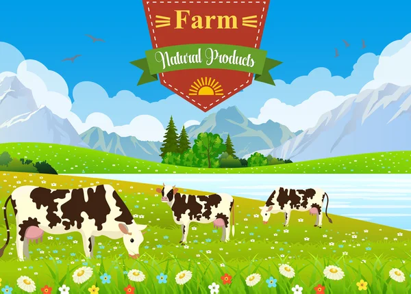 Drie koeien in een landschap en een boerderij. — Stockvector