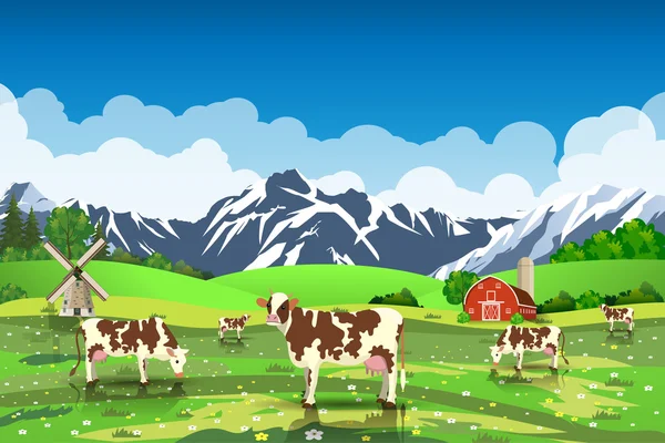 Paisaje rural del amanecer con vacas y granja — Vector de stock