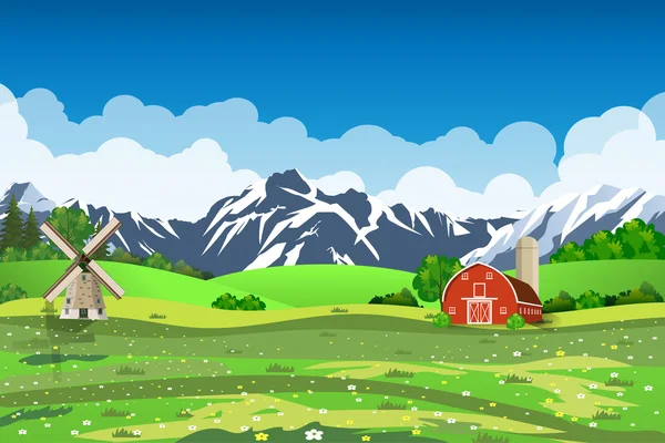 Campo de siembra verde granja de dibujos animados , — Vector de stock