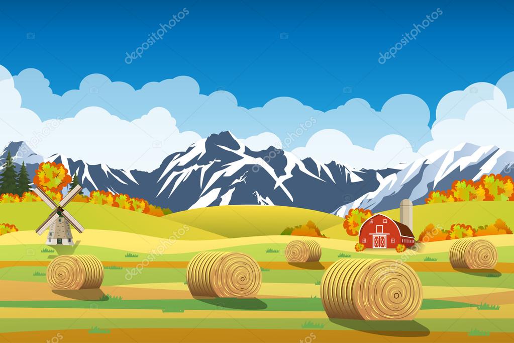 Countryside landscape with haystacks on fields.