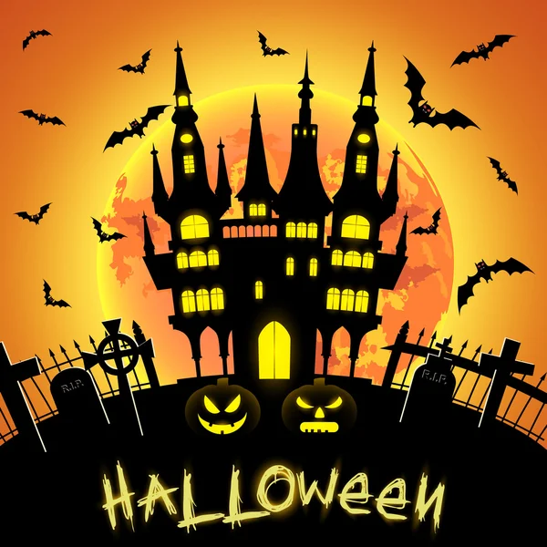 Ilustración de Halloween con castillo, tumba y murciélagos — Vector de stock
