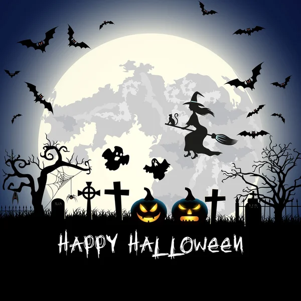 Illustration Halloween avec tombeau et chauves-souris — Image vectorielle