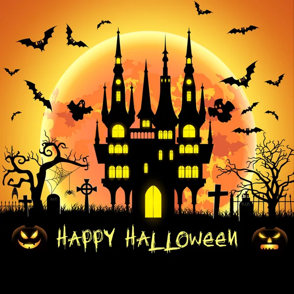 Ilustración de Halloween con tumba y murciélagos — Vector de stock