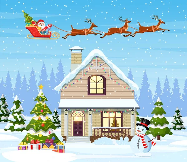 Casa en el paisaje nevado de Navidad — Vector de stock